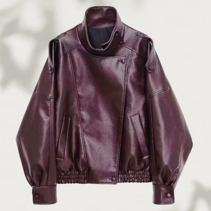 Damen Oversized Kunstleder-Bikerjacke mit asymmetrischem Revers, Stehkragen und Taillenzug Drune