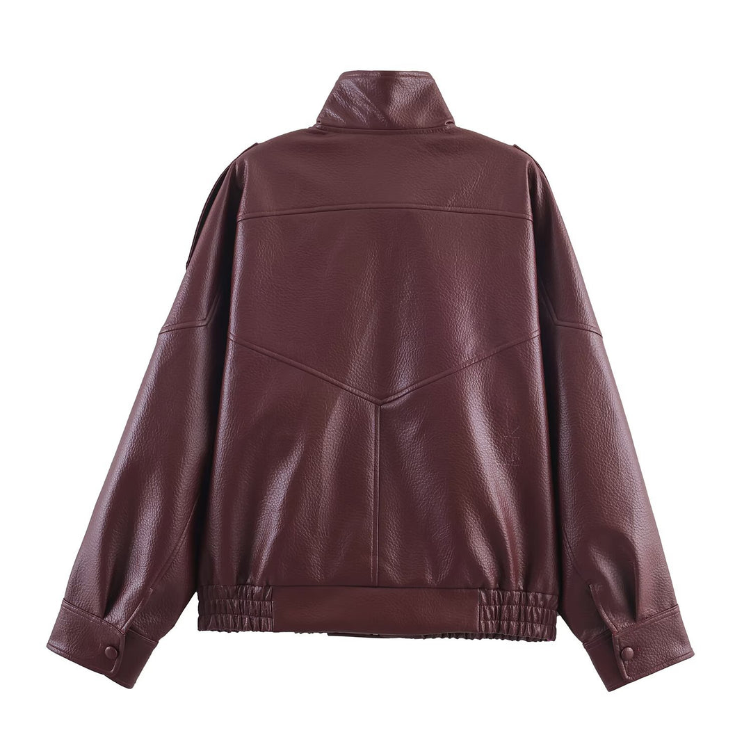 Damen 3400+ Cropped Kunstleder‑Blouson mit asymmetrischer Druckknopfleiste, hohem Stehkragen und elastischem Saum Drune