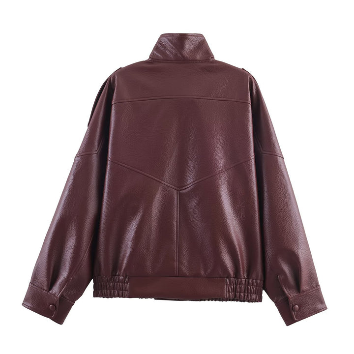 Damen 3400+ Cropped Kunstleder‑Blouson mit asymmetrischer Druckknopfleiste, hohem Stehkragen und elastischem Saum Drune
