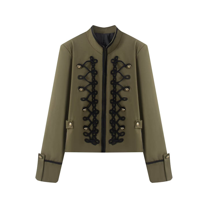 Damen Kurzjacke im Militärestil mit Stehkragen Kordverzierung und Zierknöpfen Drune