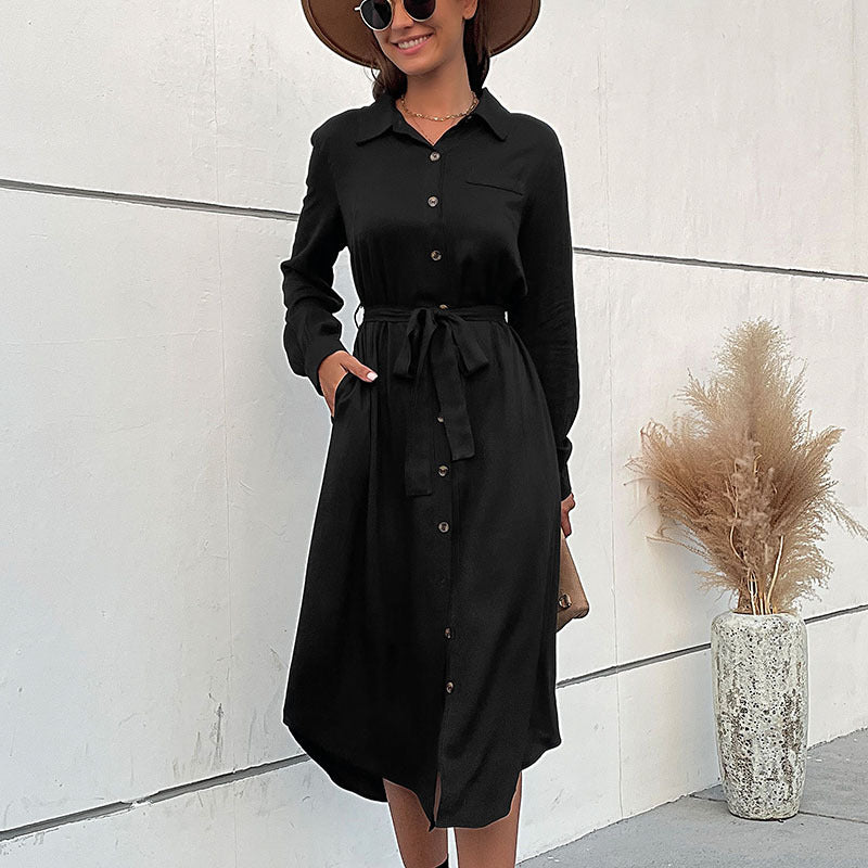Damen Midikleid im Hemdblusenstil mit durchgehender Knopfleiste, Taillenbindegürtel und langen Ärmeln Drune