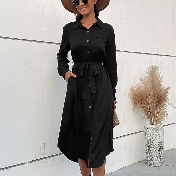 Damen Midikleid im Hemdblusenstil mit durchgehender Knopfleiste, Taillenbindegürtel und langen Ärmeln Drune