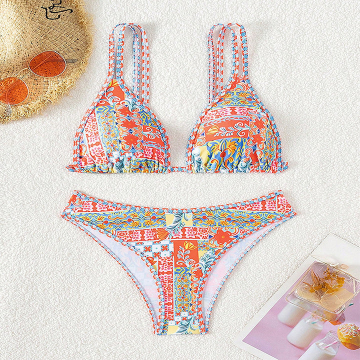Damen Triangel-Bikini mit buntem Patchwork-Muster Drune