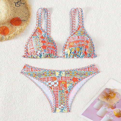 Damen Triangel-Bikini mit buntem Patchwork-Muster Drune