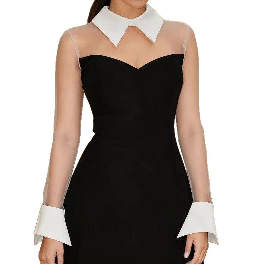 Damen Elegantes figurbetontes Kleid mit transparenten Ärmel und Kontrastkragen Drune