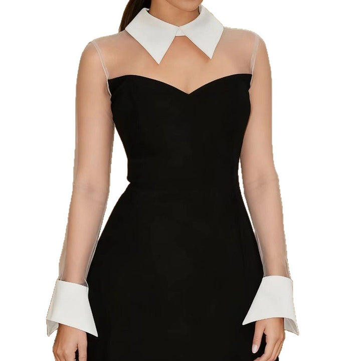 Damen Elegantes figurbetontes Kleid mit transparenten Ärmel und Kontrastkragen Drune