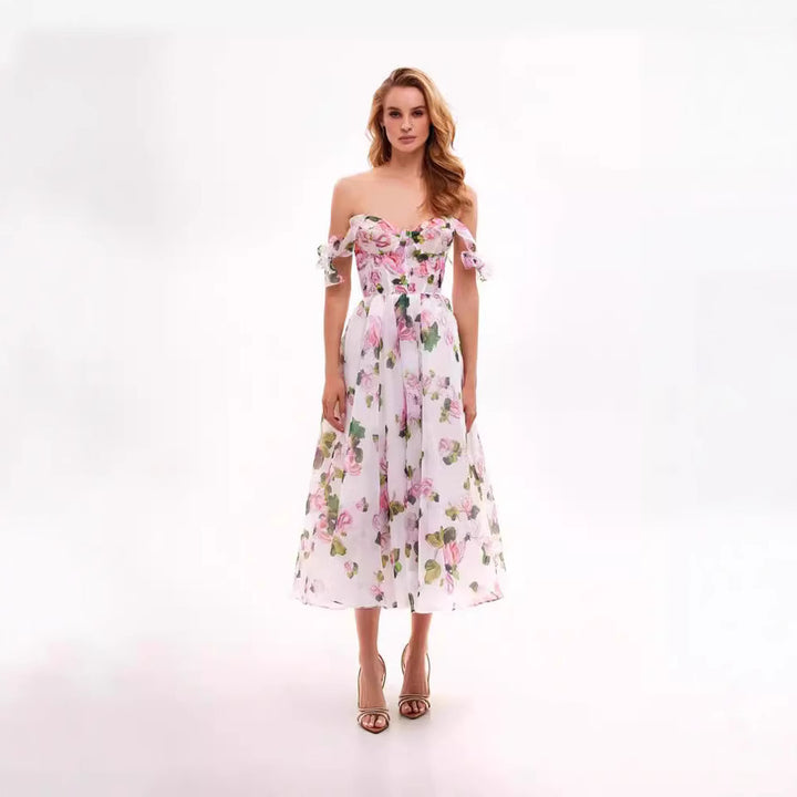 Damen Blumenkleid mit schulterfreiem Design Drune