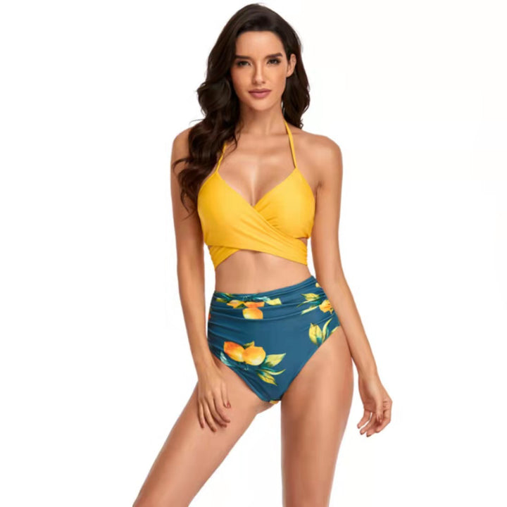 Damen Hochgeschnittener Bikini mit Wickeloberteil und floralen Mustern Drune