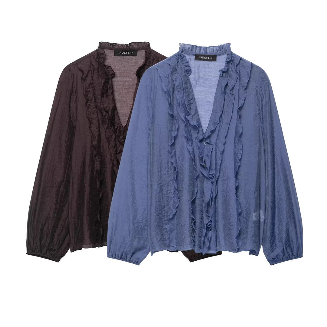 Damen Transparente Crinkle-Bluse mit Volantkragen, Rüschenfront und Ballonärmeln Drune