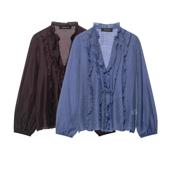 Damen Transparente Crinkle-Bluse mit Volantkragen, Rüschenfront und Ballonärmeln Drune