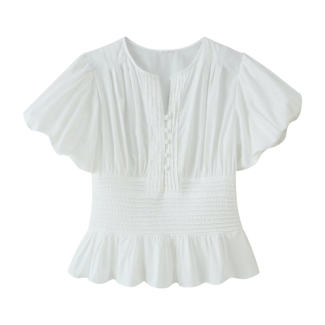 Damen Romantische Bluse mit Puffärmeln, Kellerfalten‑Blende und gesmokter Taille Drune
