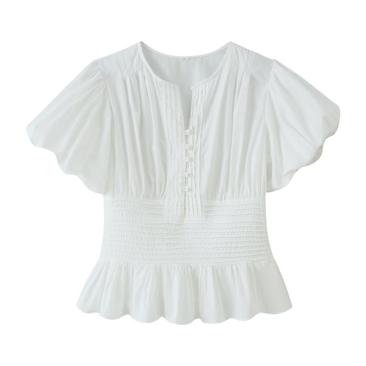 Damen Romantische Bluse mit Puffärmeln, Kellerfalten‑Blende und gesmokter Taille Drune