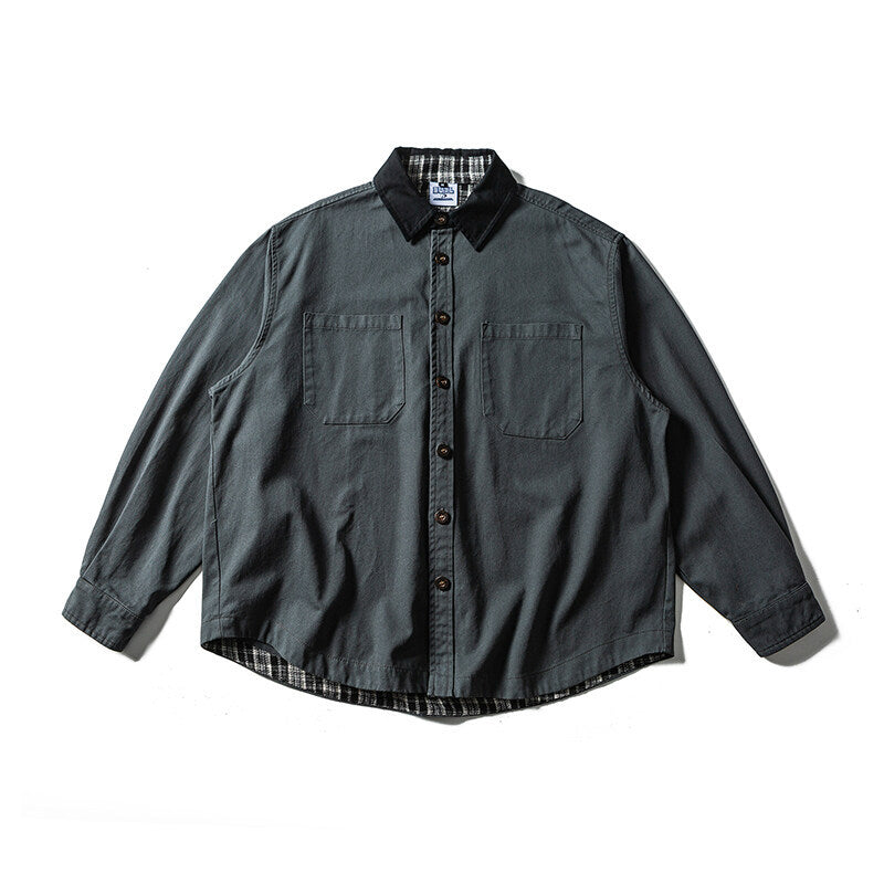 Unisex Oversize Hemdjacke mit Kontrastkragen und kariertem Innenfutter Drune
