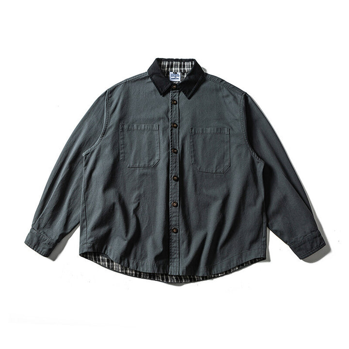 Unisex Oversize Hemdjacke mit Kontrastkragen und kariertem Innenfutter Drune