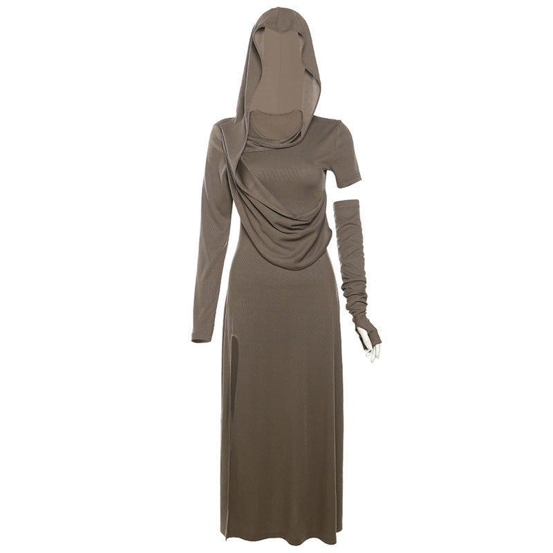 Damen Maxikleid mit Kapuze und drapiertem Oberteil Drune