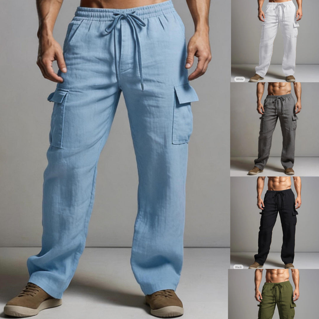 Herren leichte Leinen Cargohose mit elastischem Bund und großen Seitentaschen Drune