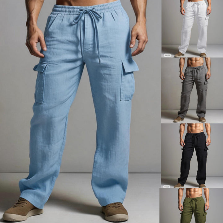 Herren leichte Leinen Cargohose mit elastischem Bund und großen Seitentaschen Drune