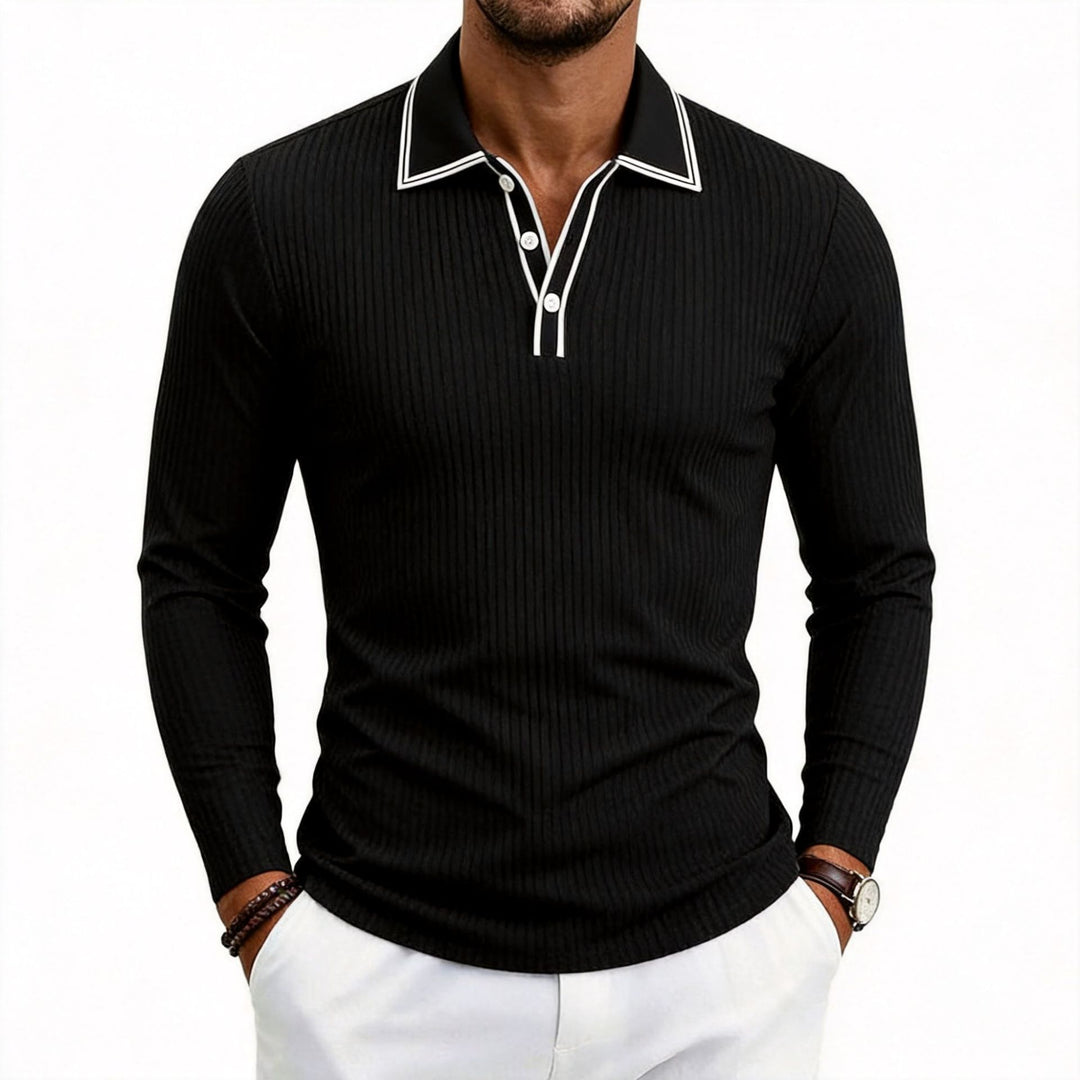 Herren fein geripptes Langarm-Poloshirt aus elastischer Merino-Mixqualität mit Kontrastkanten Drune