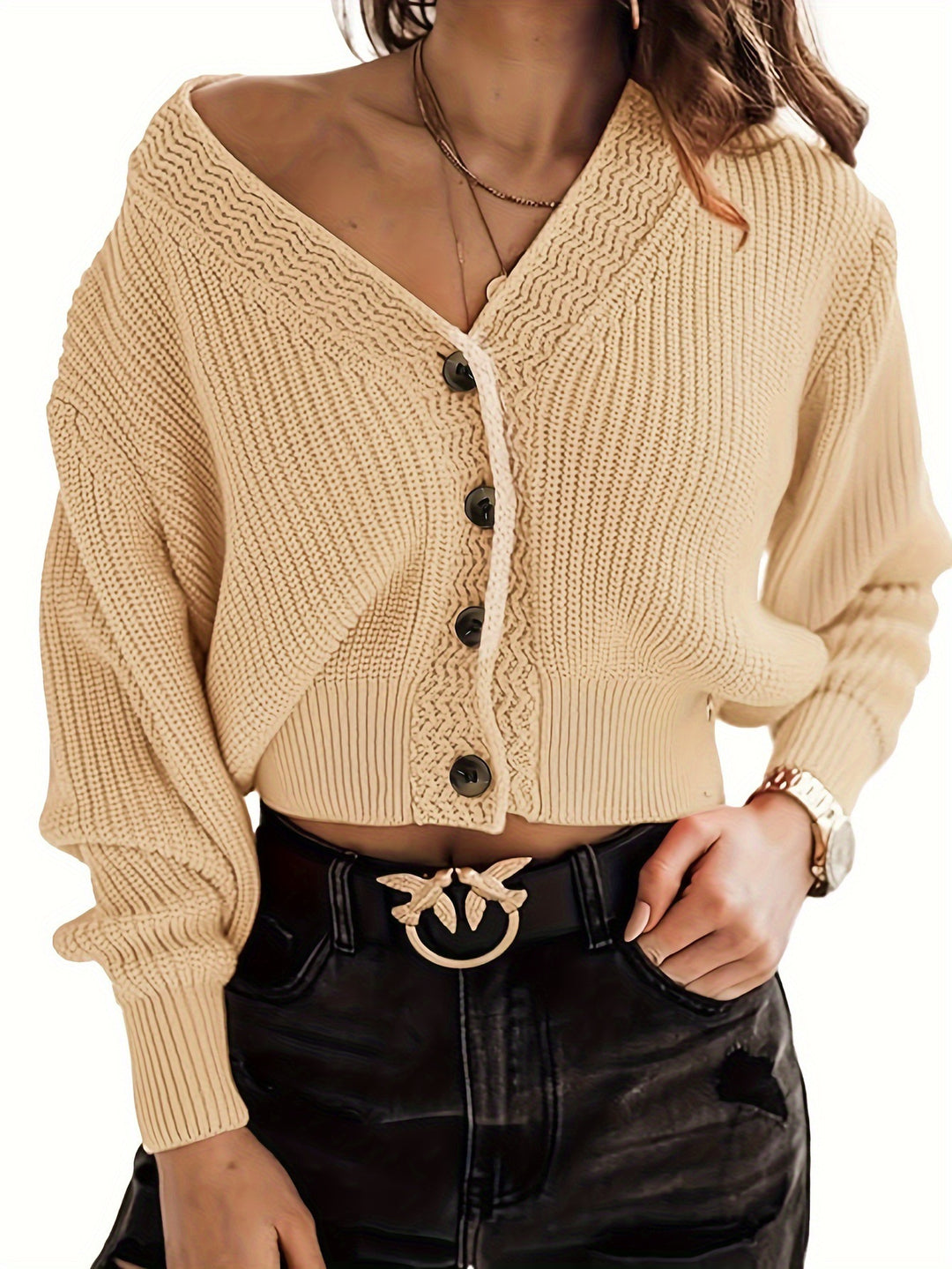 Damen cropped Strickjacke mit tiefem V-Ausschnitt und elegantem Knopfverschluss Drune
