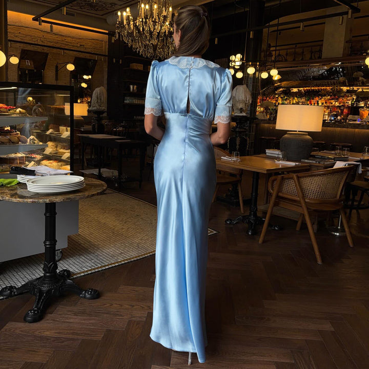 Damen Maxikleid mit eleganten Spitzenakzenten und V-Ausschnitt Drune