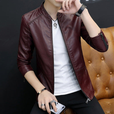 Herren Modische Kunstlederjacke mit stehendem Kragen Drune