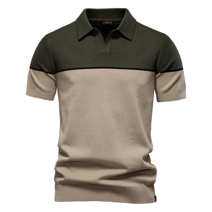 Herren nan modernes Kurzarm-Poloshirt aus Feinstrick mit offenem Reverskragen und horizontaler Kontrastpasse Drune