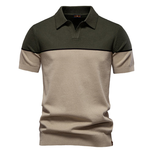 Herren nan modernes Kurzarm-Poloshirt aus Feinstrick mit offenem Reverskragen und horizontaler Kontrastpasse Drune