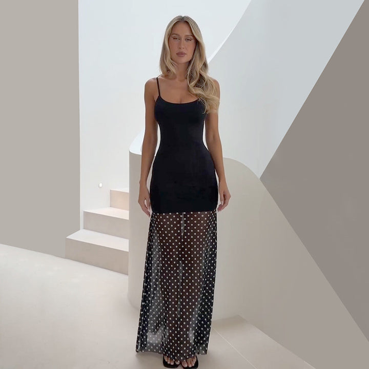 Damen Elegantes Nachtkleid mit transparentem Tüll und Punktmuster Drune