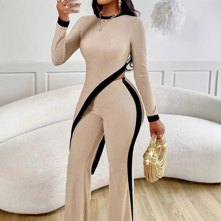 Damen nan eleganter Rippen-Jumpsuit mit asymmetrischer Wickeloptik, taillierendem Cut-Out und kontrastierenden Seitenstreifen Drune