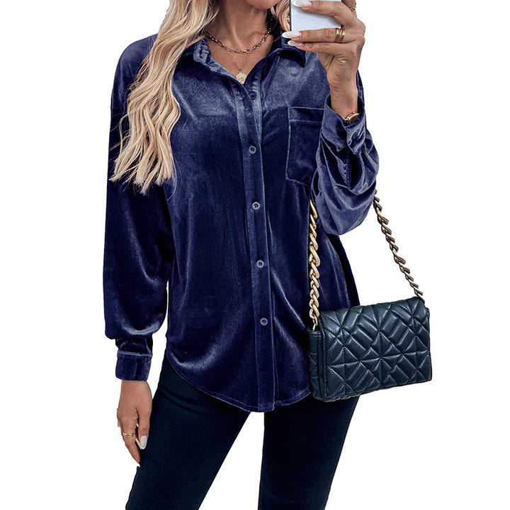 Damen Elegante Samt Bluse mit Knopfdetails Drune