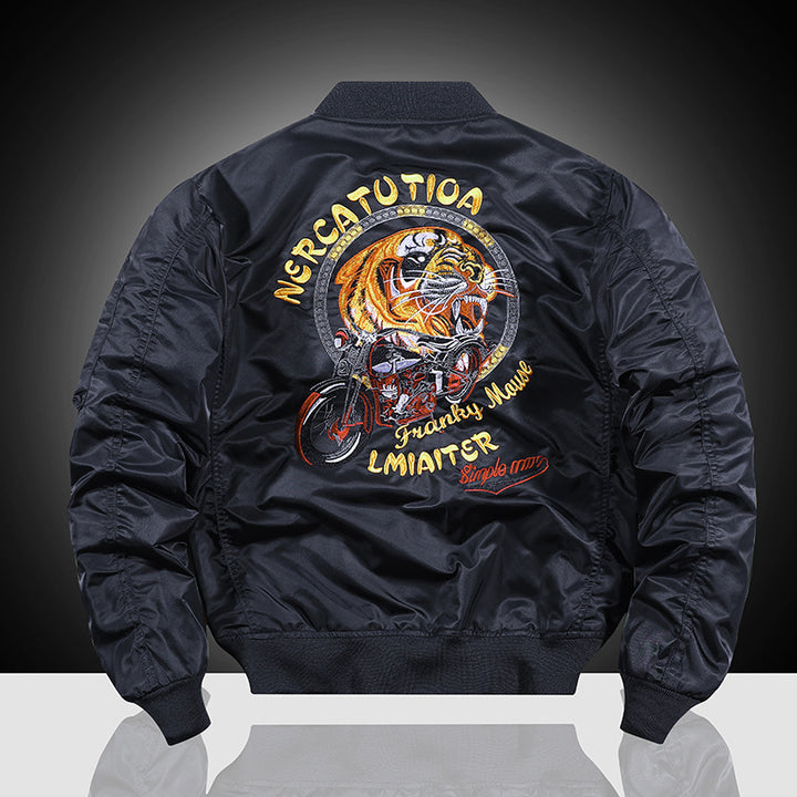 Herren Bestickte Nylon-Bomberjacke im Pilotenstil mit Tiger-Motorrad-Design Drune