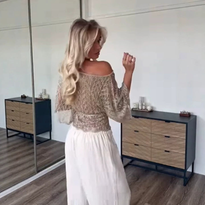Damen Off-Shoulder Häkel-Strickbluse mit Tunnelzug und Volumenärmeln Drune