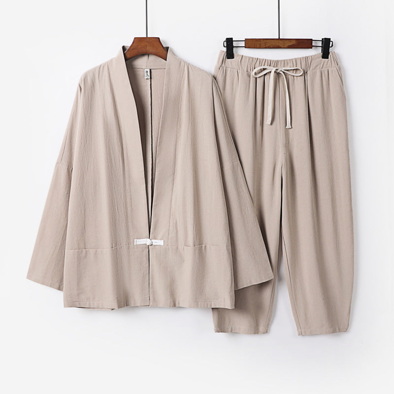 Unisex Lässiges Kimono-Loungewear-Set aus leichtem Leinenmix mit Kordelbundhose Drune