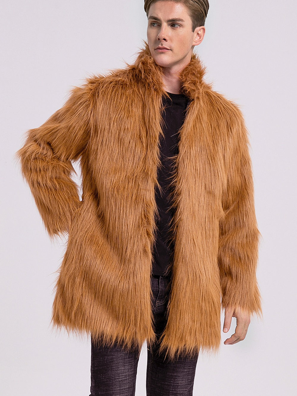 Herren Eleganter Kunstfell-Mantel mit weitem Kragen Drune