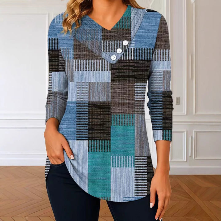 Damen Langarm-Tunika mit asymmetrischem V-Ausschnitt, Zierknopfleiste und kariertem Patchworkmuster Drune
