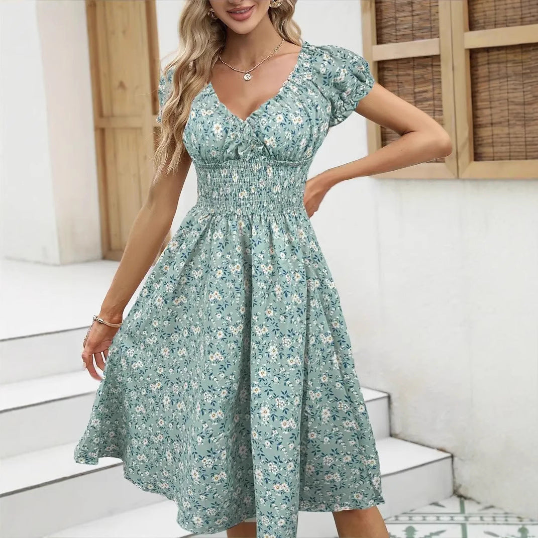 Damen Floral Midi-Kleid mit elastischem Bund und Puffärmeln Drune