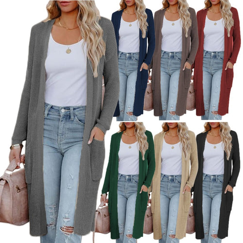 Damen Langer Strickcardigan mit praktischen Taschen und offenem Design Drune