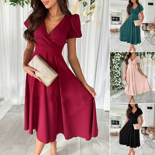 Drune | Stylisches Pendeln Unifarbe V-Ausschnitt Puffärmel Kleid