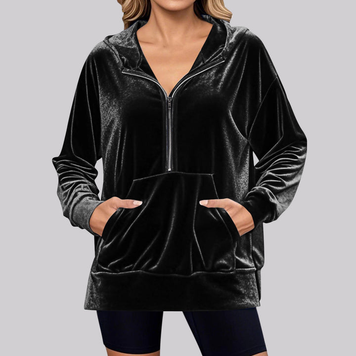 Damen Lässiger Velvet Hoodie mit praktischem Reißverschluss und Kängurutasche Drune