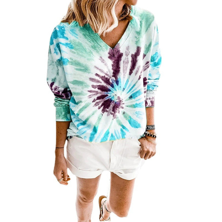Damen Lässiges Batik-V‑Ausschnitt Sweatshirt mit lockerer Passform Drune