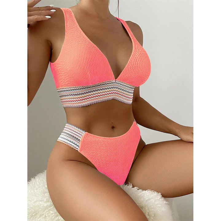 Damen Wellenmuster Bikini-Set mit tiefem V-Ausschnitt Drune