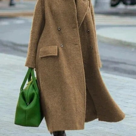 Damen Langer Wollmantel mit doppelter Knopfreihung und schlichten Taschen Drune