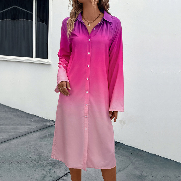 Damen Hemdblusenkleid mit sanftem Farbverlauf, lockerem Schnitt und krempelbaren dreiviertelärmeln Drune