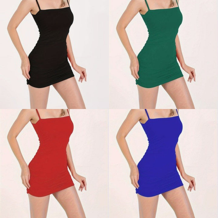Damen figurbetontes Minikleid mit verstellbaren Trägern und Raffung Drune