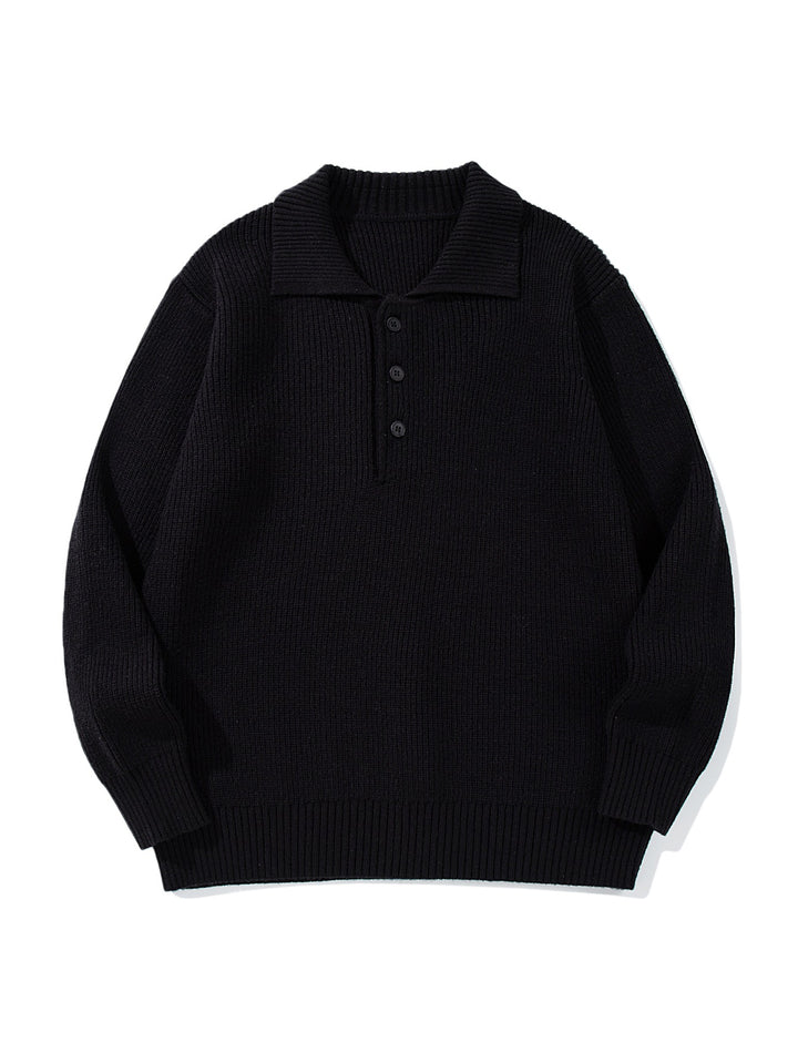 Herren Gerippter Polokragenpullover mit dreifacher Knopfleiste und Relaxed-Fit Drune