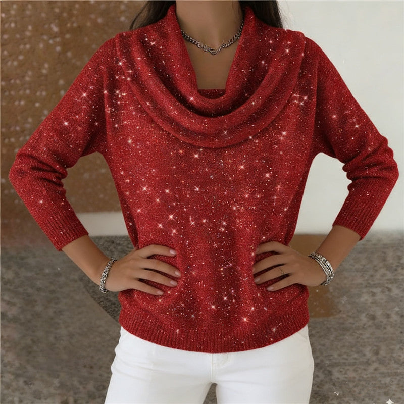 Damen Glitzernder Strickpullover mit Wasserfall-Ausschnitt Drune