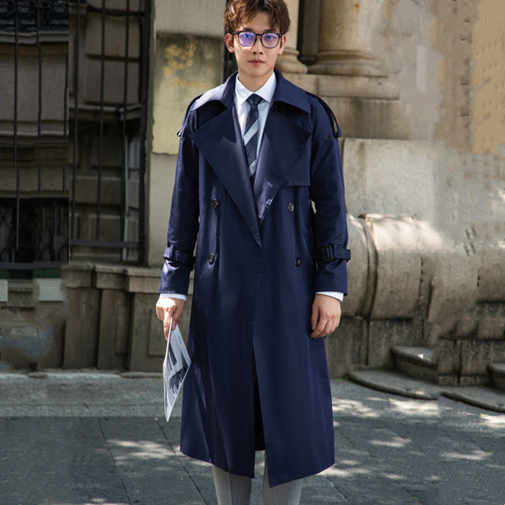 Herren Eleganter langer Trenchcoat mit Bindegürtel und Rückenpasse Drune