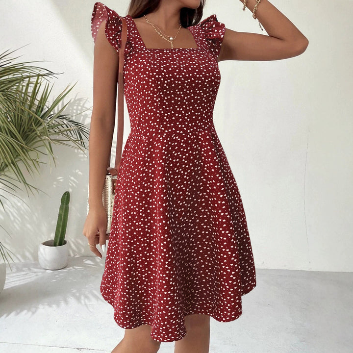 Damen lässiges A-Linien Kleid mit Quadrat-Ausschnitt und Volantärmeln Drune
