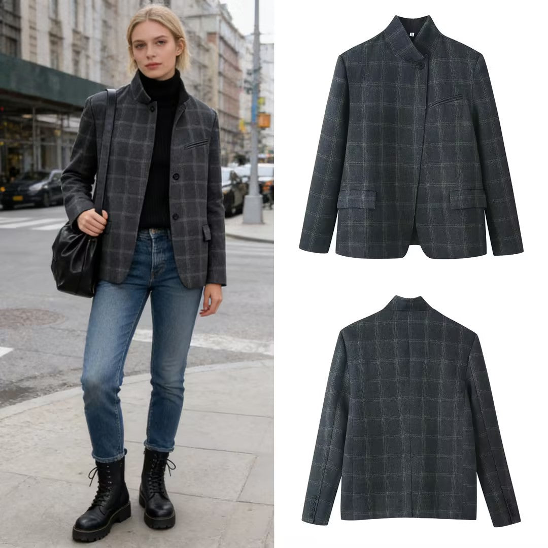 Damen Kastenblazer mit Stehkragen, asymmetrischer Ein-Knopf-Leiste und feinem Karodessin Drune