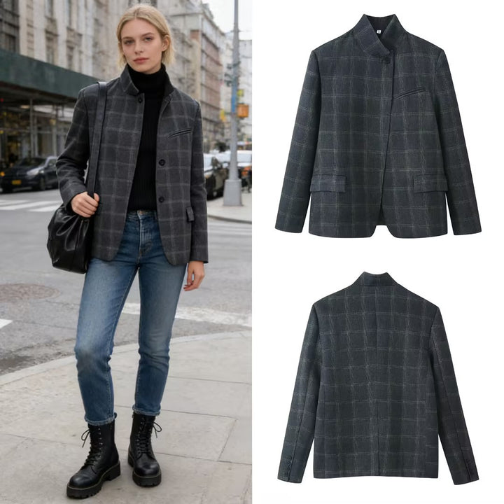 Damen Kastenblazer mit Stehkragen, asymmetrischer Ein-Knopf-Leiste und feinem Karodessin Drune